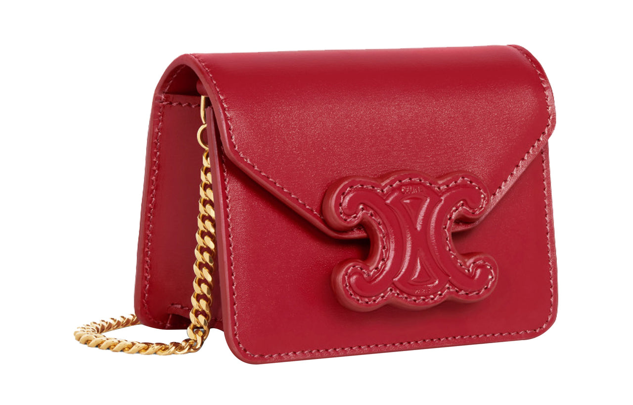 CELINE Cow Leather Card Holder Women's Velour Red