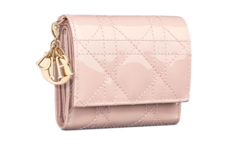 DIOR Lady Dior Patent Leather Wicker Pattern Calfskin Wallet Women's Lotus Pink
