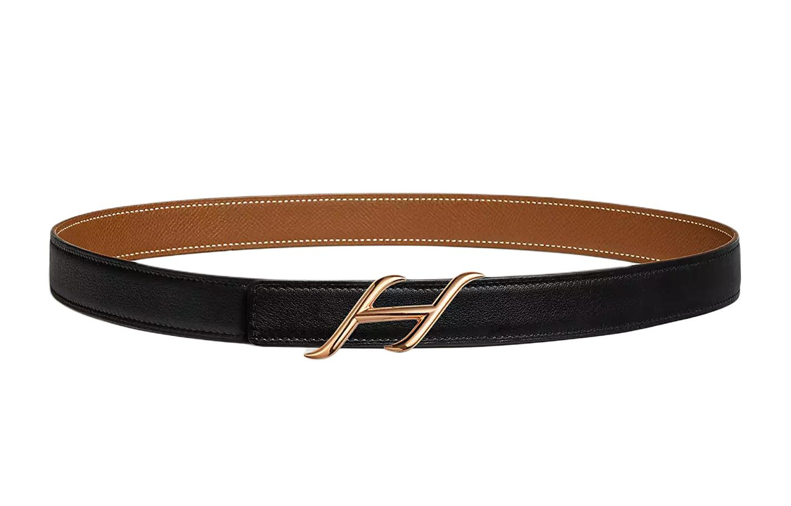 HERMES Arc H-Line Buckle Smooth Buckle Leather Belts Women's Black/Brown Width: 2.4cm