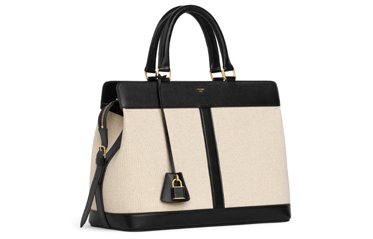 CELINE Cabas Textile Fabric With Calfskin One Shoulder Handbags Medium Size Women's Natural/Black