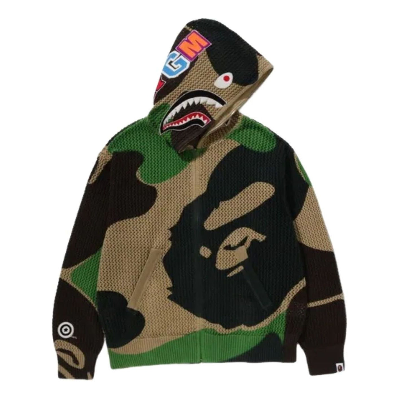 A Bathing Ape Camo Crochet Shark Relaxed Fit Full Zip Hoodie 'Green' 1M30-115-311-GRN