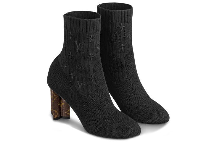 (WMNS) LOUIS VUITTON Silhouette Heels 'Black Knit Monogram with Brown Heels' 1A8558