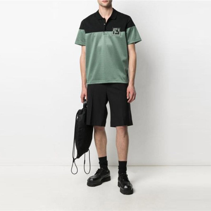 Men's FENDI SS21 Embroidered Logo Hollow Out Short Sleeve Black Sage Green Polo Shirt FAF632A52GF1DS9