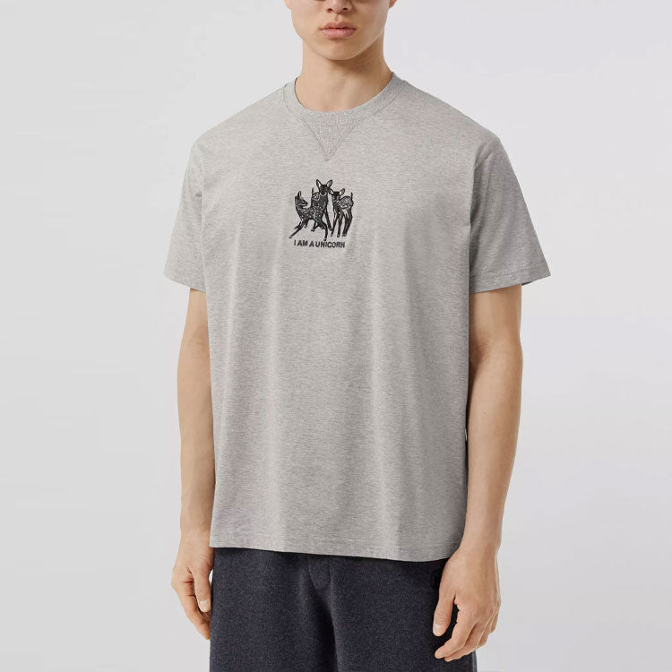 Men's Burberry Embroidered Pattern Loose Short Sleeve Gray 80441331