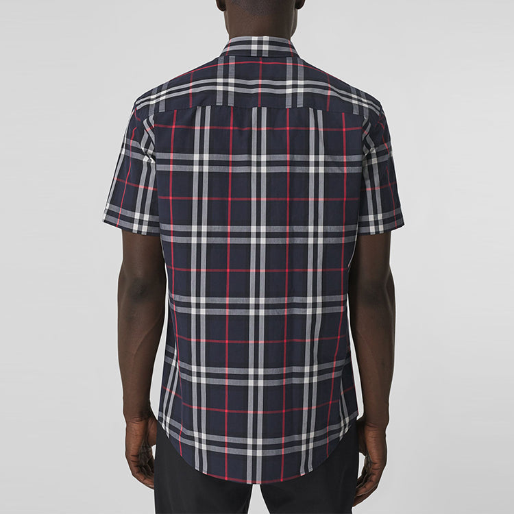 Men's Burberry SS21 Logo Plaid Loose Short Sleeve Shirt Navy Blue 80433391