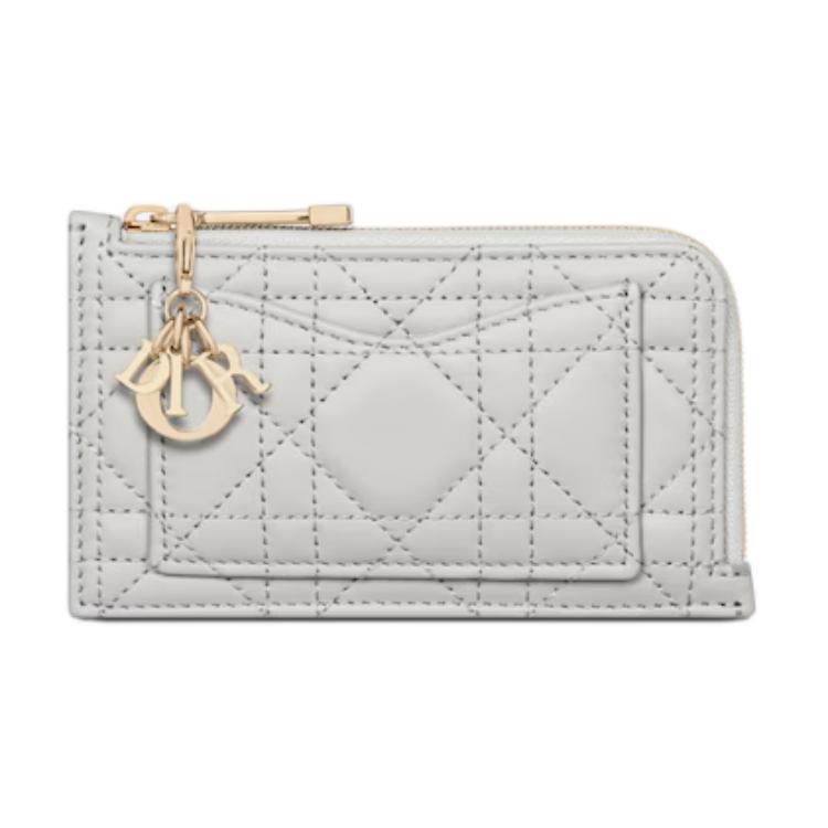 DIOR Wicker Pattern Lambskin Card Holder Women's Mist Gray