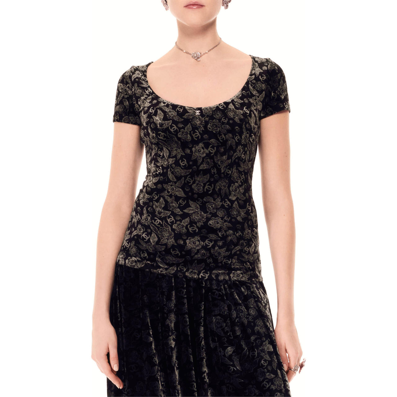 CHANEL Logo Floral Print Pullover Crew Neck Short-Sleeved T-Shirt Women's Black