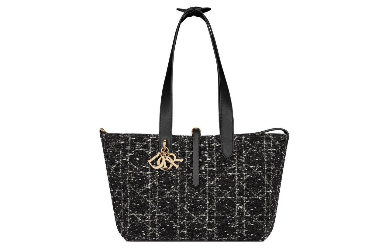 DIOR Tweed Embroidery Tote Bag Shopping Bag Handbag Shoulder Bag Medium Size Women's Black