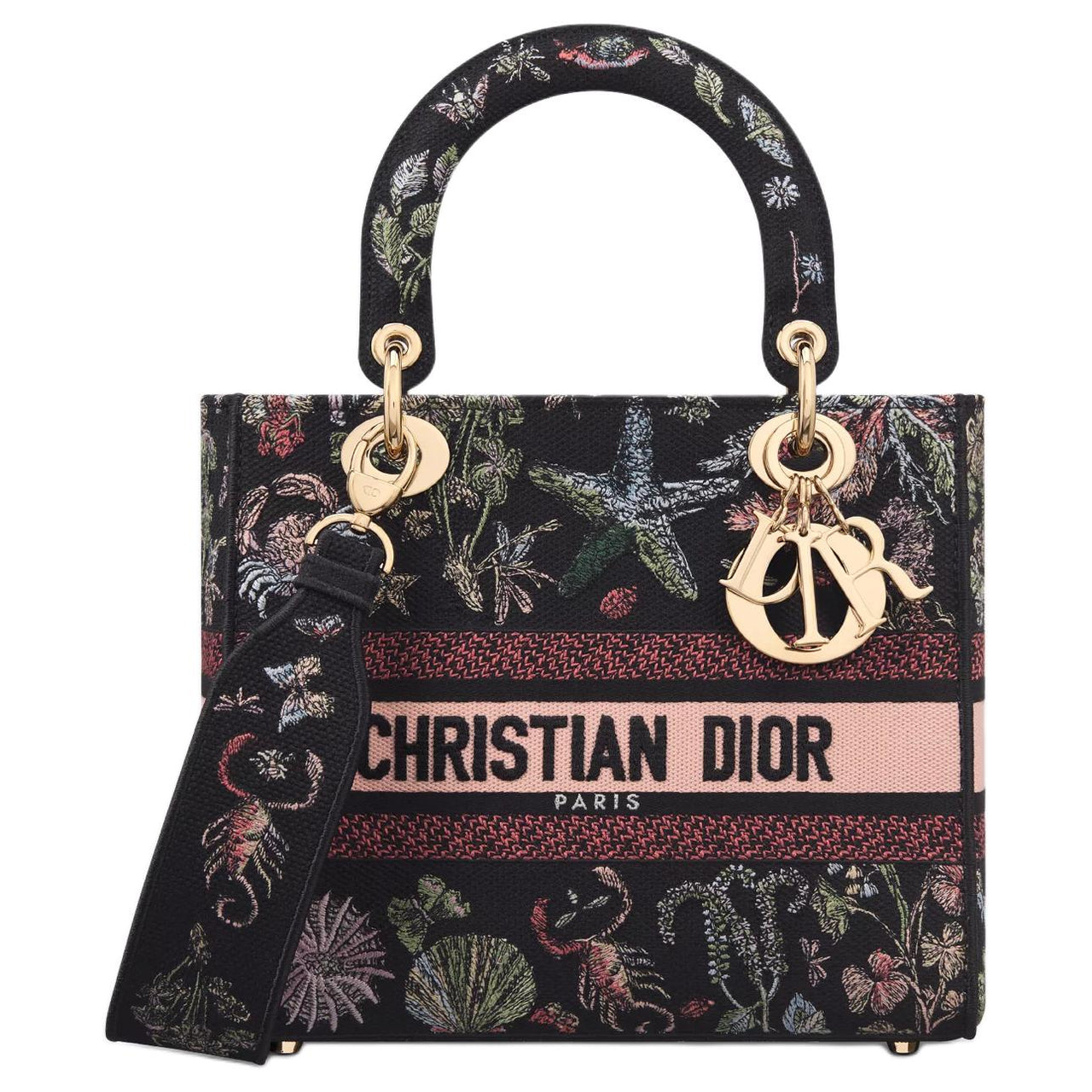 DIOR Lady D-Lite Cotton Tote Bag Shopping Bag Shoulder Bag Crossbody Bag Handbag Medium Size Women's Black & Multicolor