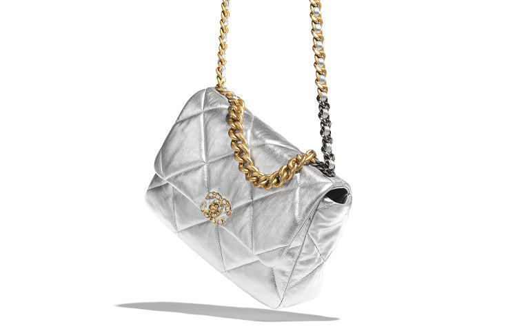 CHANEL 19Bag Metallic Lambskin Handbag Shoulder Bag Crossbody Bag Large Size Women's Silver/Gold
