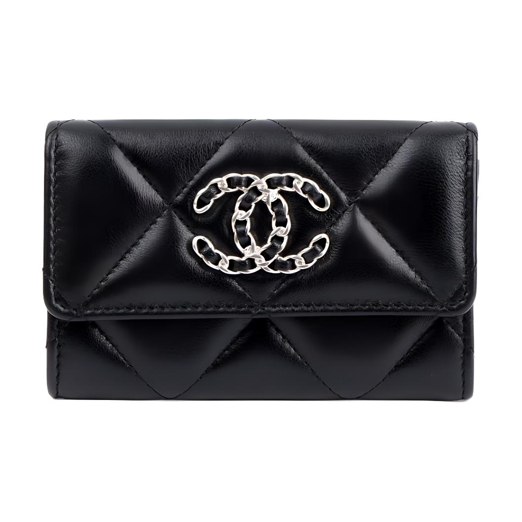 CHANEL 19Bag Sheepskin Coin Purse Wallets Card Holders Women's Black