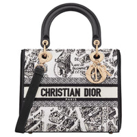 DIOR Lady D Lite Fabric One Shoulder Handbags Medium Size Women's Black & White