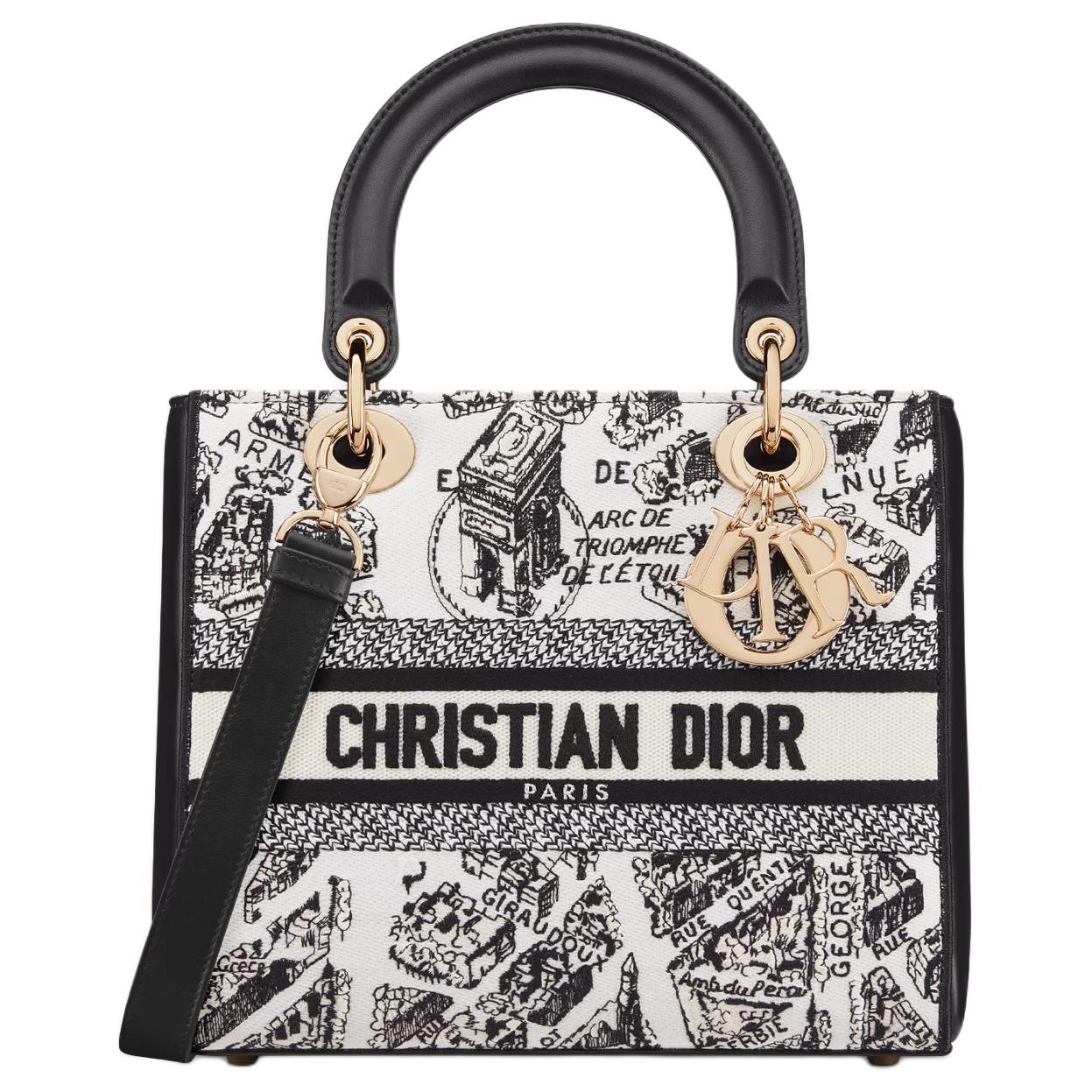 DIOR Lady D Lite Fabric One Shoulder Handbags Medium Size Women's Black & White