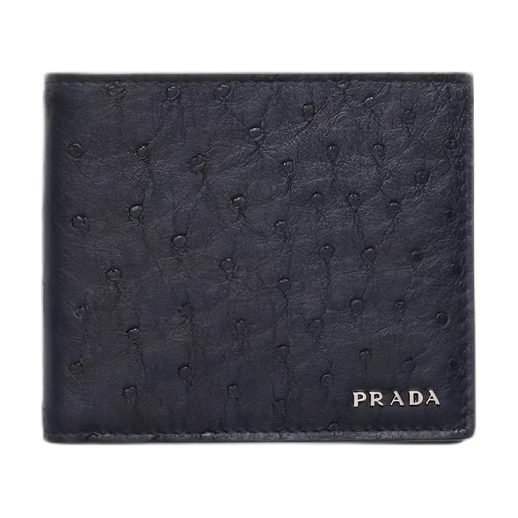 PRADA Exotic Leather With Ostrich Leather Wallet Men's Blue Black