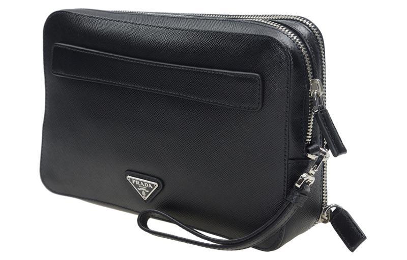 PRADA Cow Leather Wrist Bags Clutches Regular Men's Black
