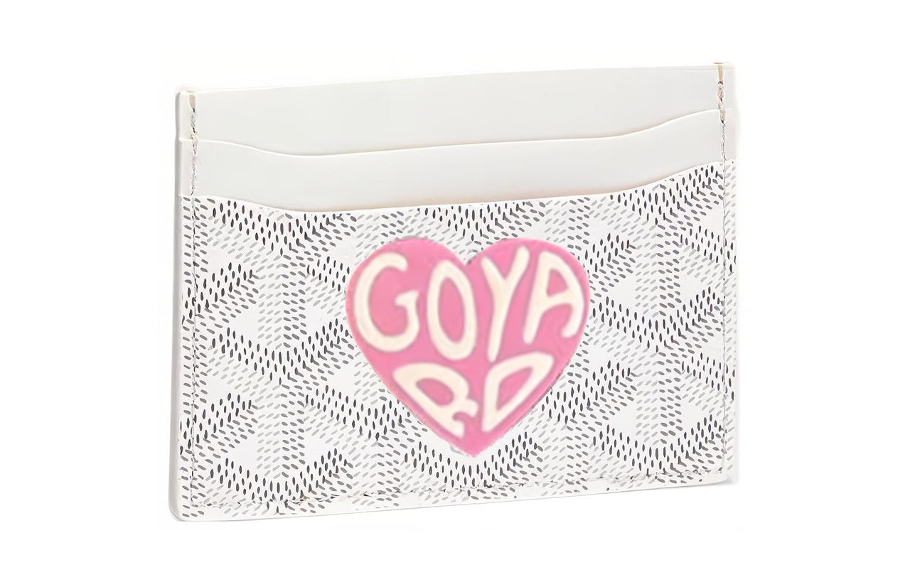 GOYARD Saint-Sulpice Canvas With Calfskin Card Clip Card Holder Unisex White With Pink Heart Design