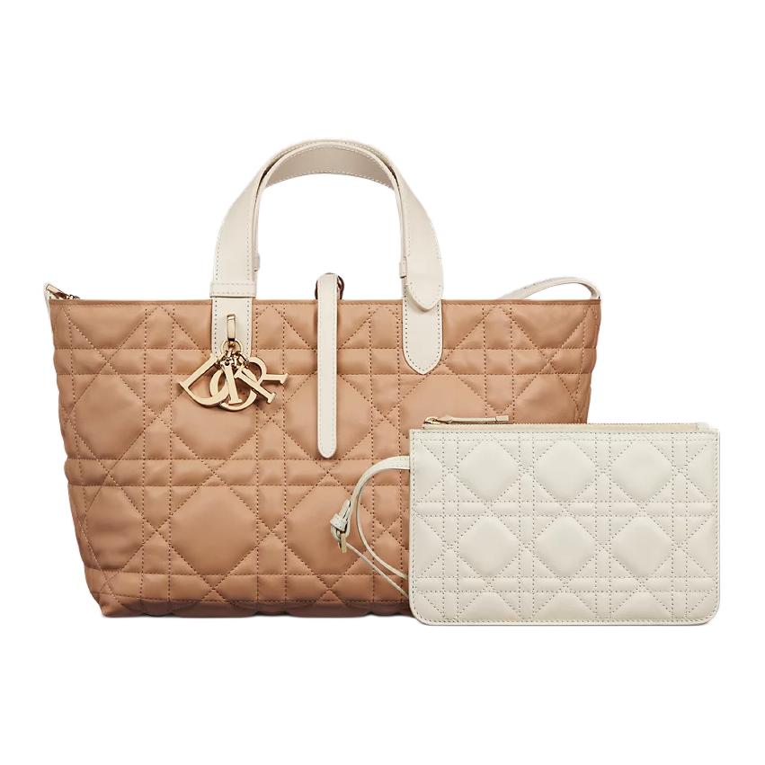 DIOR Extra Large Wicker Pattern Cow Leather One Shoulder Handbags Medium Size Women's Cookie & Beige Brown