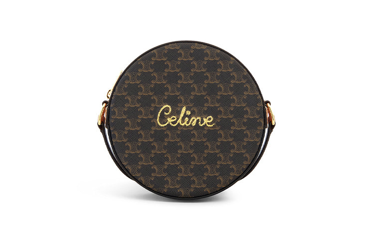 CELINE Embroidered Fabric Shoulder Bags Round Bag Crossbody Bags Women's Brown