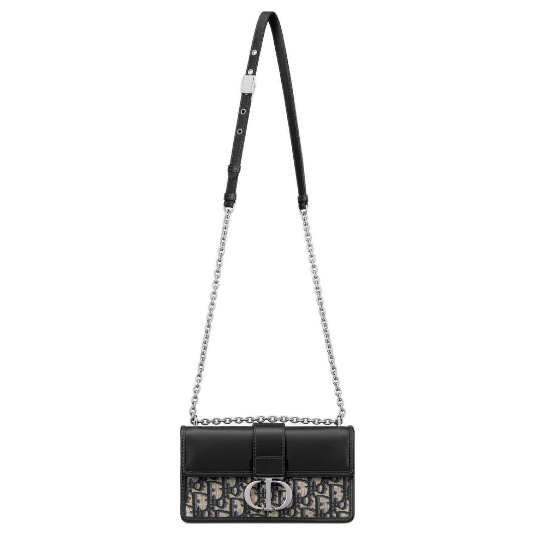 DIOR 30 Montaigne East-West Oblique Jacquard And Calfskin Bag With Chain Women's Black/Blue