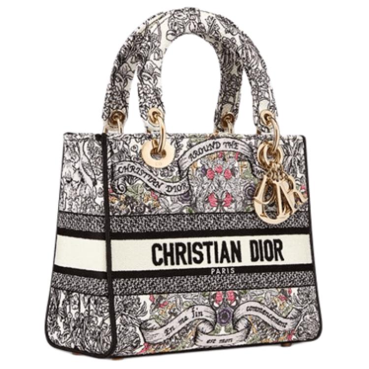 DIOR Lady D Lite Fabric Lady Dior Bag, Tote Bag, Shopping Bag, Handbag Medium Size Women's Milk White & Multicolor