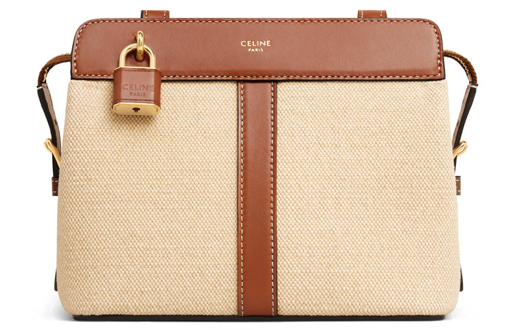 CELINE Cabas Cow Leather Shoulder Bag Crossbody Bag Handbag Women's Natural Color & Brown Umber