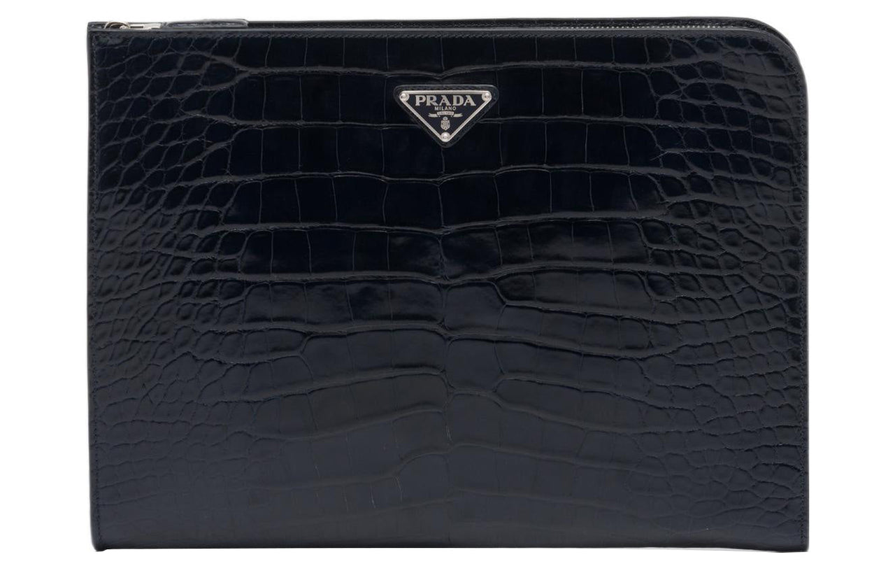 PRADA Crocodile Leather Clutch Regular Men's Blue