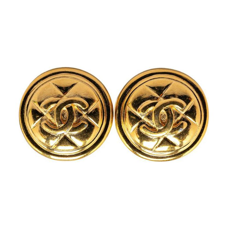 CHANEL 1970 1980 Plated Cc Quilted Clip On Earrings Costume Earrings