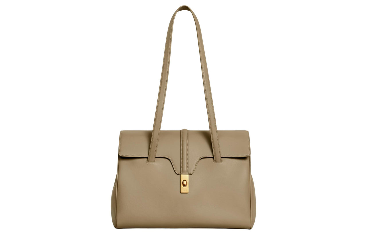 CELINE 16 Smooth Cow Leather Handbag Shoulder Bag Women's Dark Brown Black