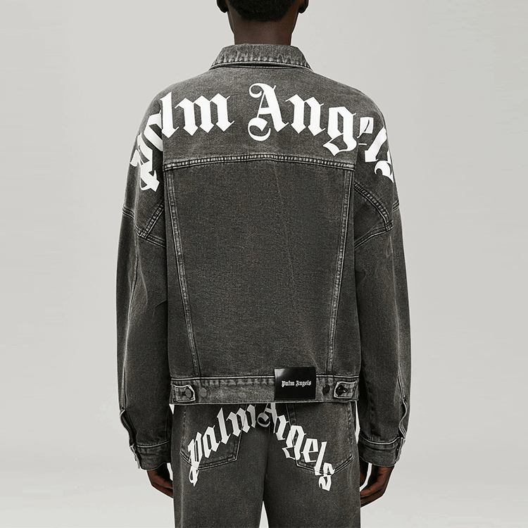 جاكيت جينز بشعار Palm Angels باللون الرمادي والأبيض PMYE006C99DEN0011001