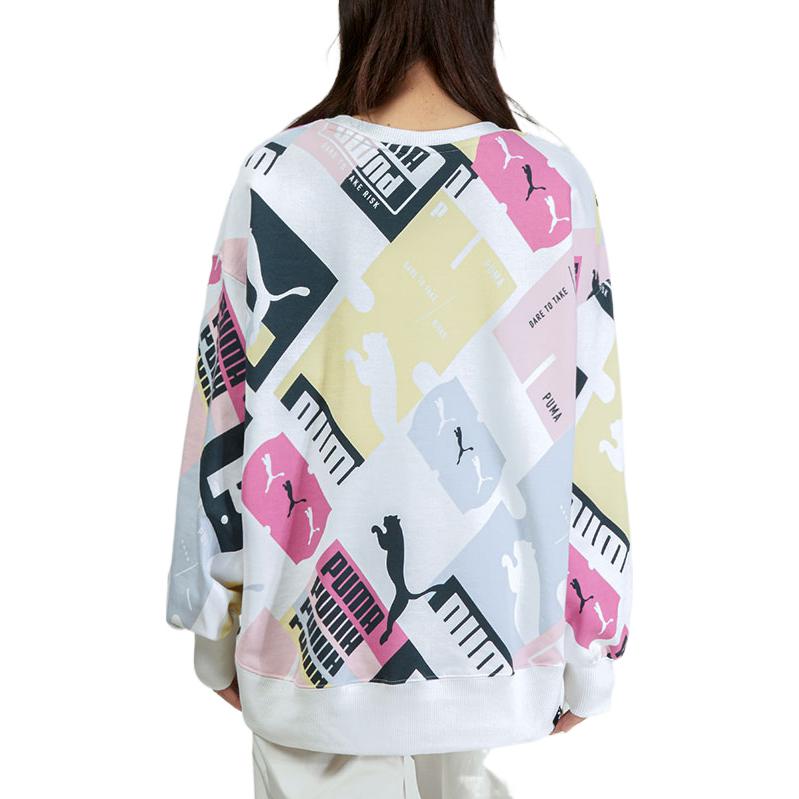 (WMNS) PUMA Full Print Logo Colorblock Loose Round Neck Pullover Hoodie White 535348-52