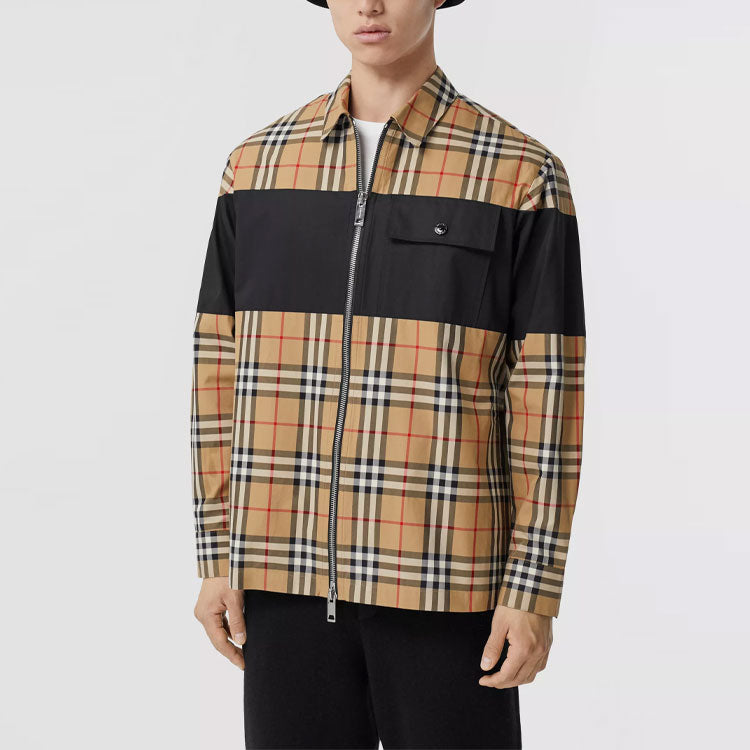 Burberry Check Zipper Cotton Shirt Male Cream-coloured 80367701