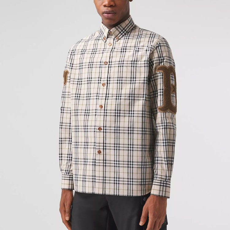 Men's Burberry Alphabet Pattern Vintage Plaid Long Sleeves Shirt Yellow 80423501