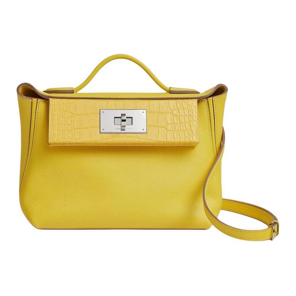 HERMES 24/24 Evercolor Calfskin With Crocodile Leather Accents Handbag Shoulder Bag Crossbody Bag Mini Women's Yellow