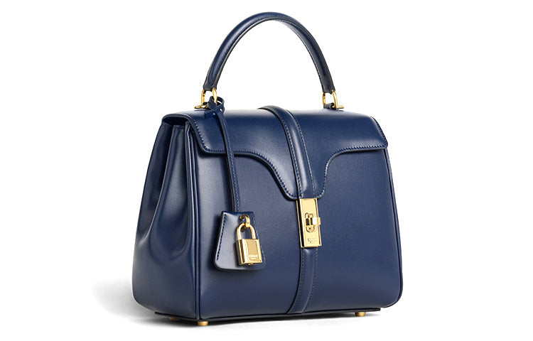 CELINE 16 Satin Cow Leather Handbag Women's Dark Blue