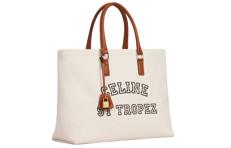 CELINE Cabas Fabric Cow Leather Patchwork Tote Bag Shopping Bag Shoulder Bags Women's Natural Color & Brown Umber