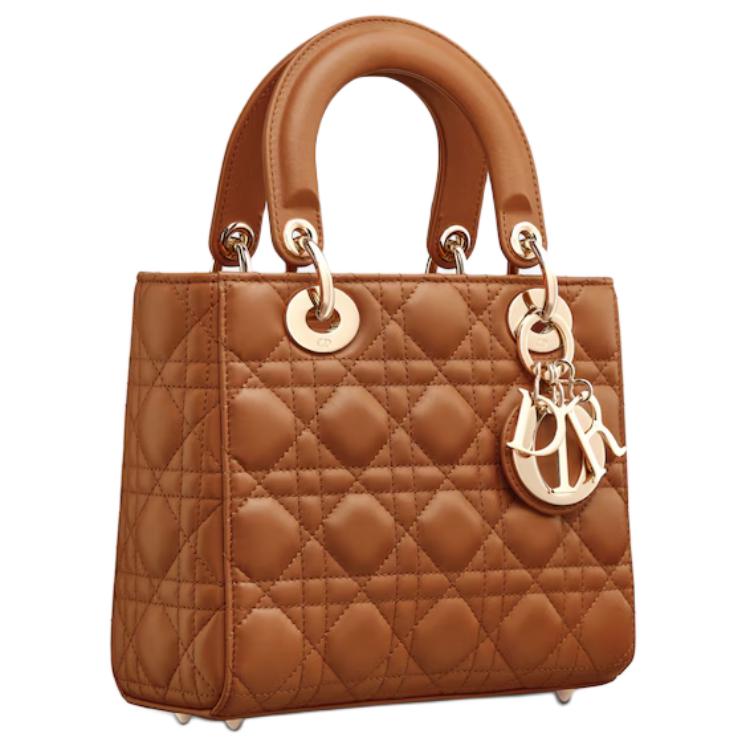 DIOR Sheepskin Tote Bag Shopping Bag Shoulder Bag Crossbody Bag Handbag Small Size Women's Gold Brown