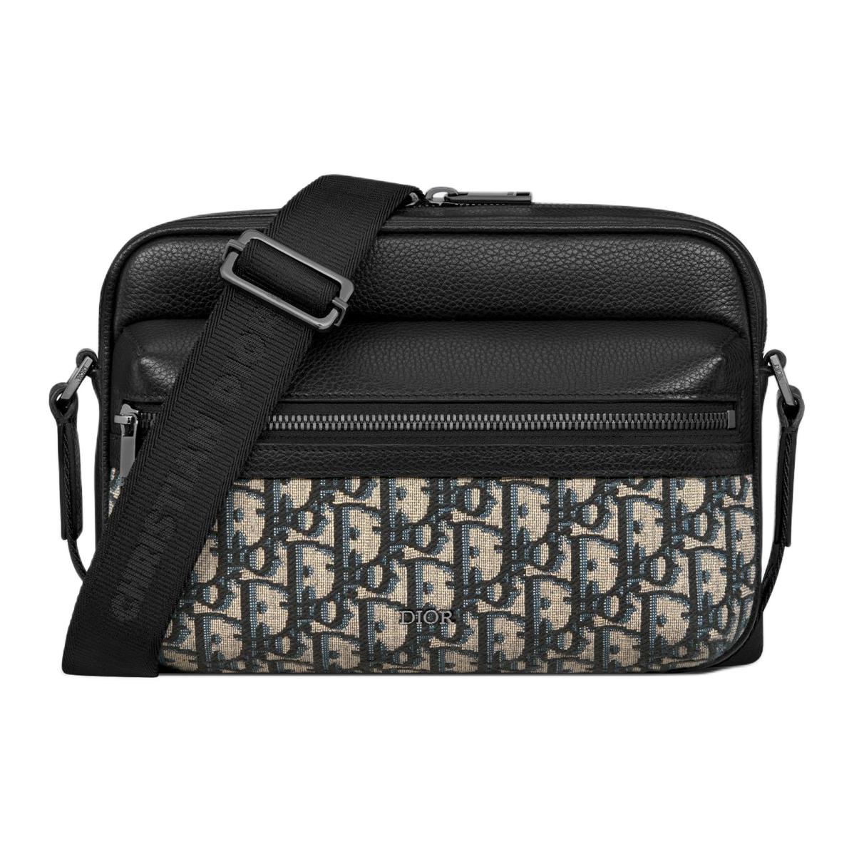 DIOR Oblique Jacquard Canvas With Grainy Surface Calfskin Messenger Bag Shoulder Bag Crossbody Bag Men's Beige & Black