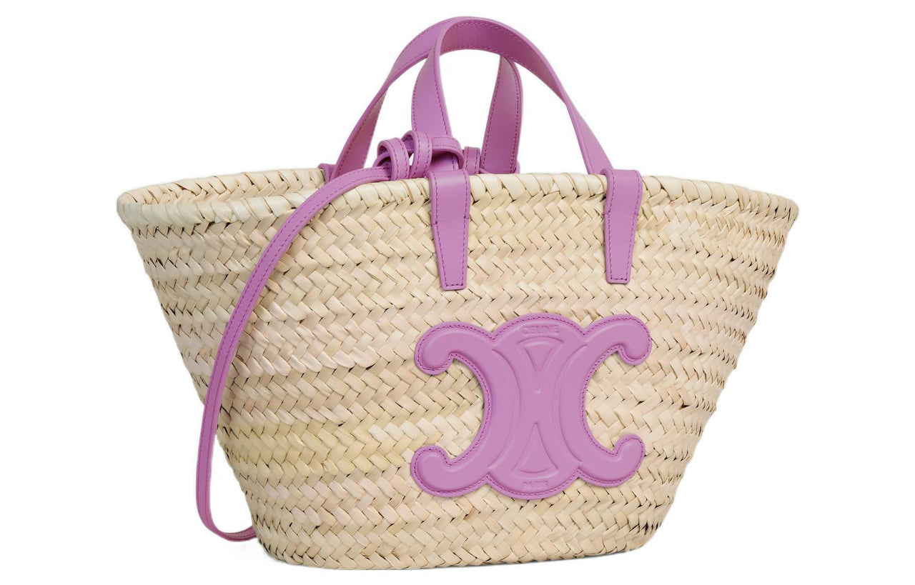 CELINE Cow Leather Large Tote Raffia Woven Cow Leather Binding Basket Bag Shoulder Bag Crossbody Bag Women's Ecru