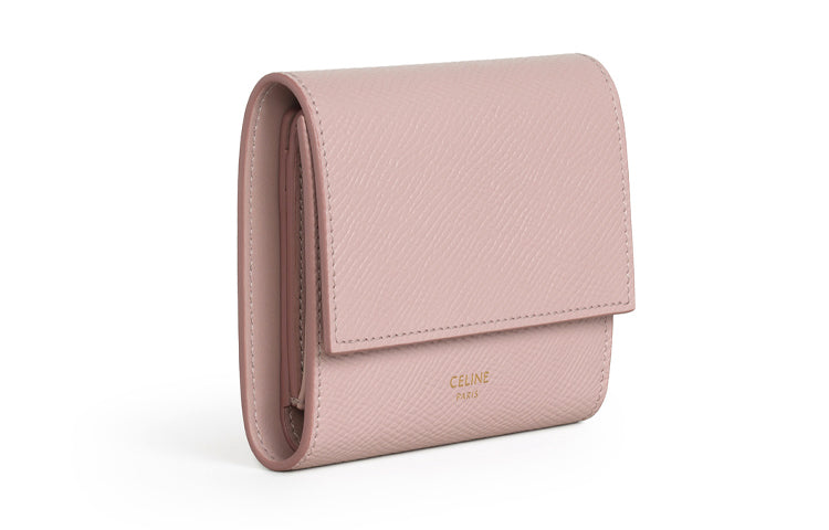 CELINE Essentials Series Grained Cow Leather Trifold Wallet Small Size Women's Vintage Pink Red