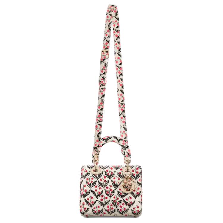 DIOR Lily Of The Valley Embroidery Calfskin Shoulder Bag Crossbody Bag Handbag Small Size Women's White & Black & Red