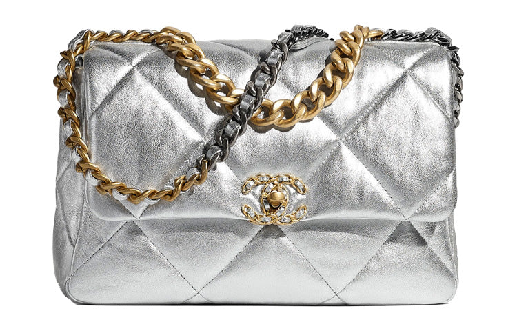 CHANEL 19Bag Metallic Lambskin Handbag Shoulder Bag Crossbody Bag Large Size Women's Silver/Gold