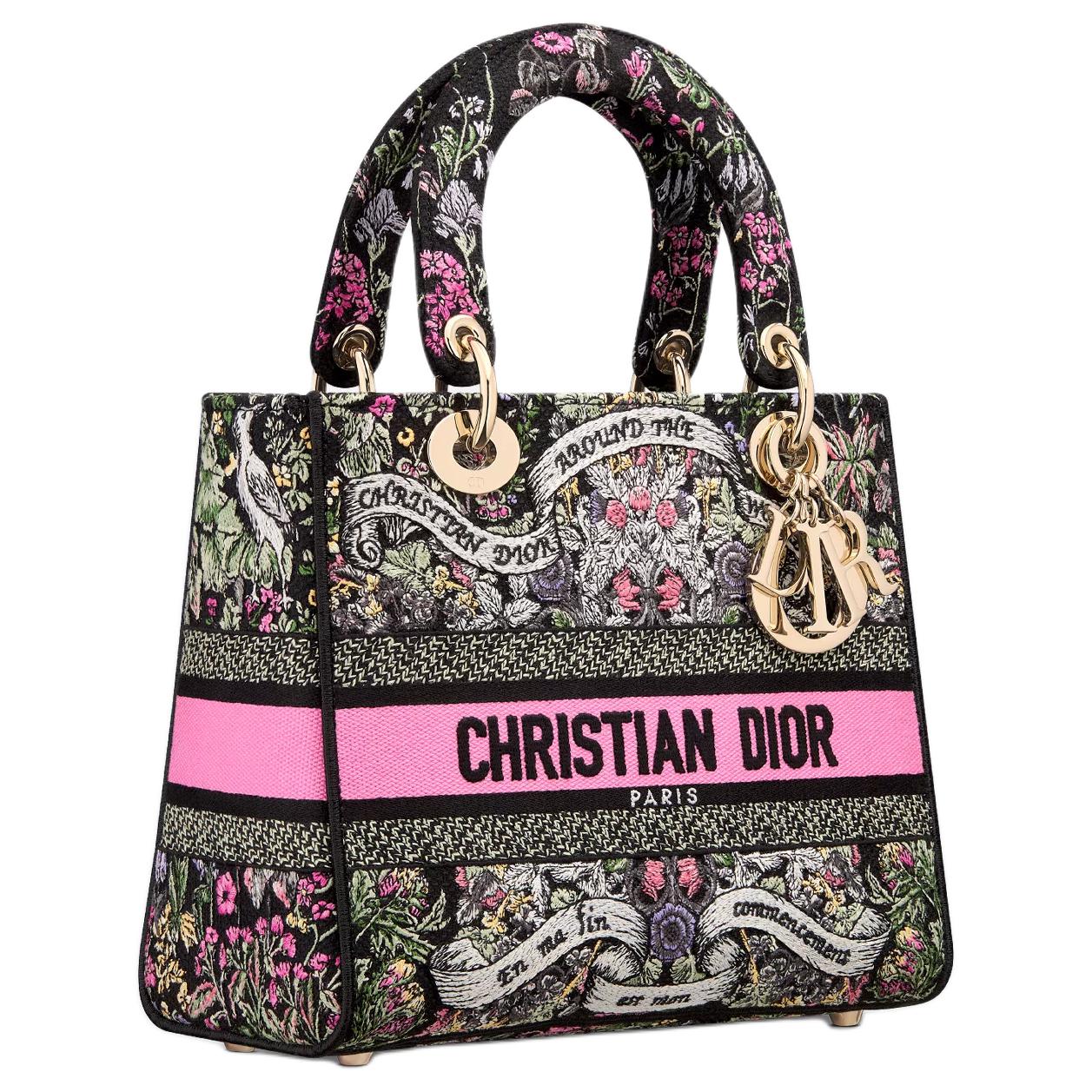 DIOR Lady D-Lite Cotton Tote Bag Shopping Bag Shoulder Bag Crossbody Bag Handbag Medium Size Women's Red & Black