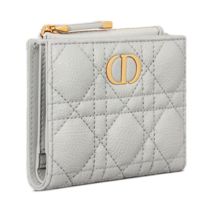 DIOR Caro Wicker Pattern Calfskin Wallet Women's Dusty Gray