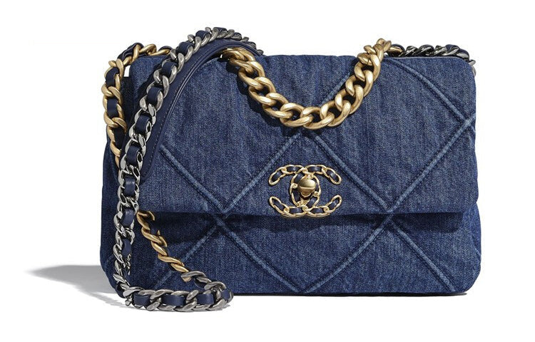CHANEL 19Bag Denim Denim Mouth Cover Bag Crossbody Bag Small Size Women's Blue