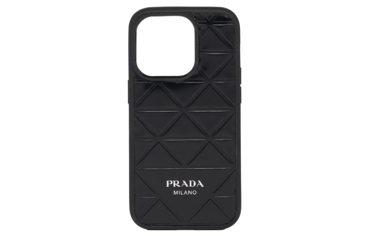 PRADA Embossed Brushed Leather IPhone 14 Pro Case Bag Accessory Men's Black