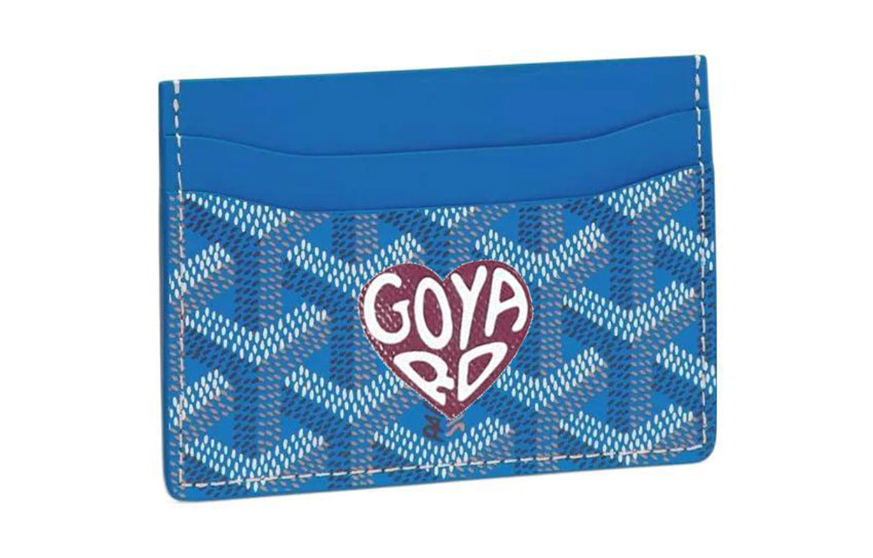 GOYARD Saint-Sulpice Canvas With Calfskin Card Clip Card Holder Unisex Sky Blue & Burgundy Small Heart