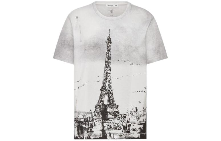 DIOR Paris Eiffel Tower Print Crew Neck Short-Sleeved T-Shirt Women's White