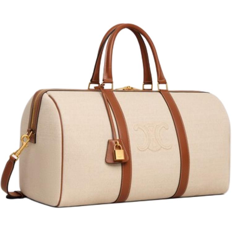 CELINE Fabric With Calfskin One Shoulder Crossbody Handbag, Travel Bag Women's Natural & Brown