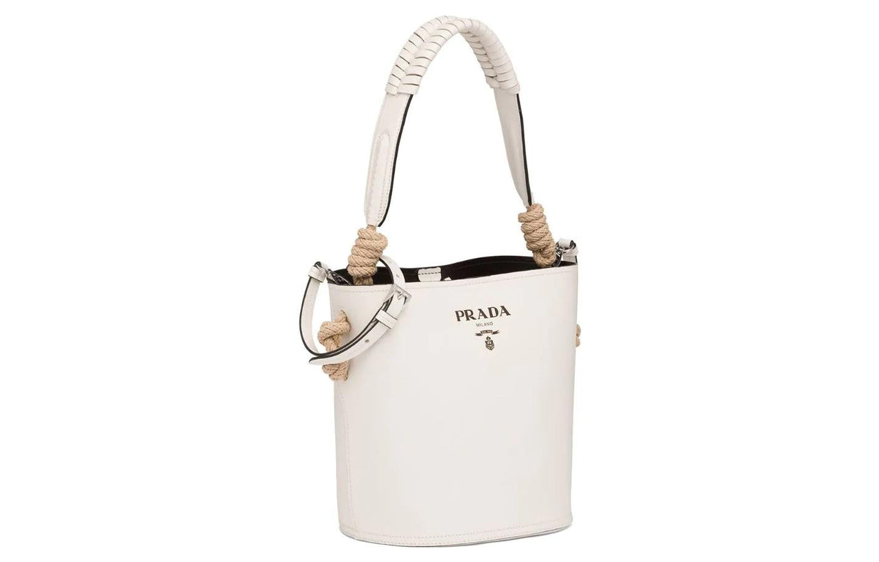 PRADA Cow Leather Bucket Bags One Shoulder Handbags Women's White