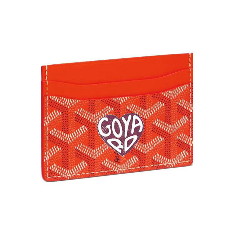 GOYARD Saint-Sulpice Canvas With Calfskin Card Clip Card Holder Unisex Orange With Burgundy Small Heart